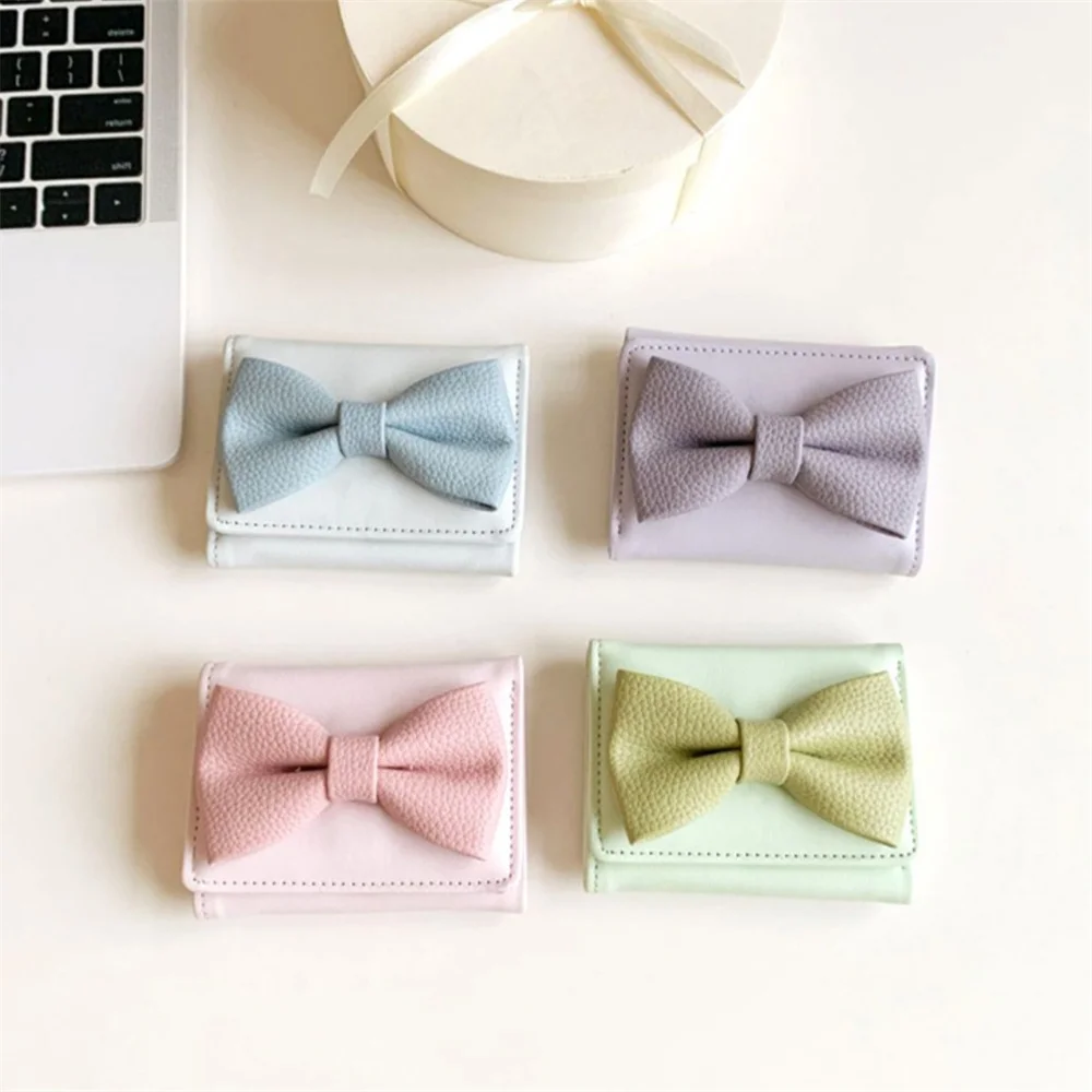 Leather Bow Women's Wallet Foldable Portable Ladies Short Coin Purses Fashion Girls Small Wallets Student Multi-card Coin Wallet