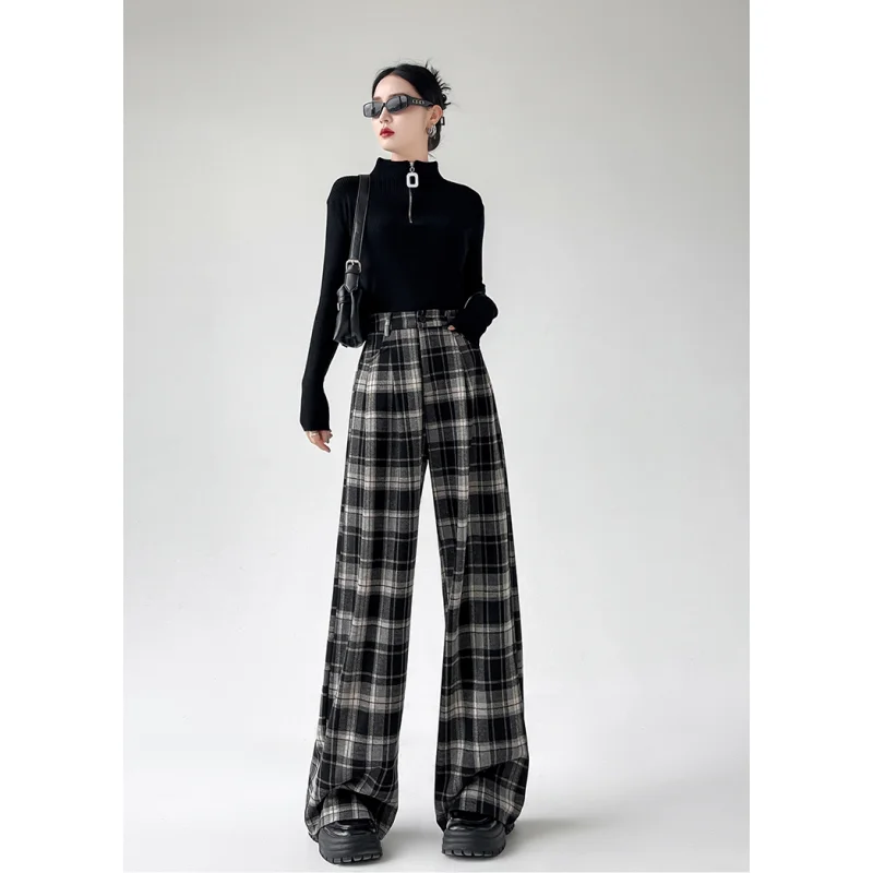 Women Brown Cargo Pants lattice Streetwear High Waist American Wide Leg Pants Y2K Fashion Female Winter Black Straight Trousers