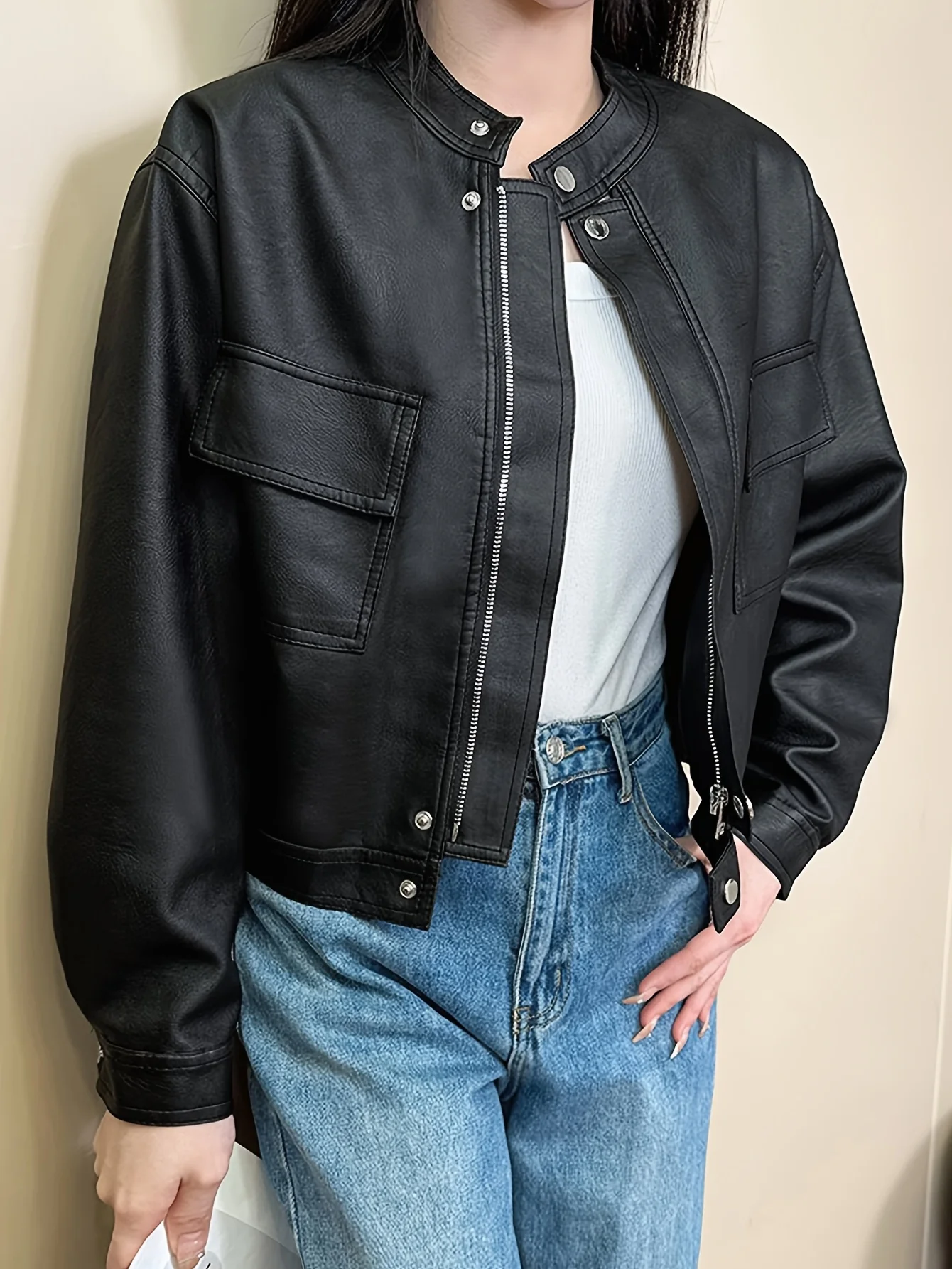 New Style Women Pu Leather Motorcycle Jacket Faux Punk Zipper Outwear