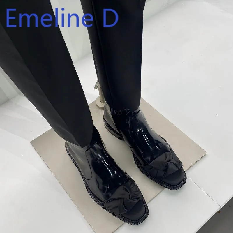 Bow Tie Tied Chelsea Boots Fashionable Retro Silk Shiny Leather Splicing Side Zipper Design Simple Style Mid Heel Short Boots