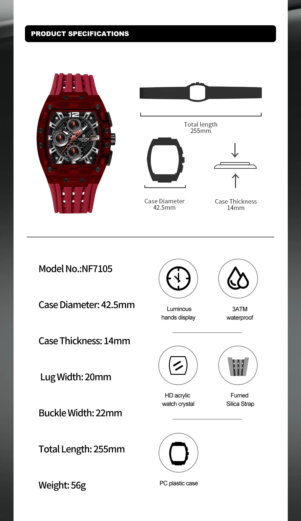 NAVIFORCE NF7105 Original Business Chronograph Dial Watches for Men 30M Waterproof Quartz Clock Silicone Belt WristWatches