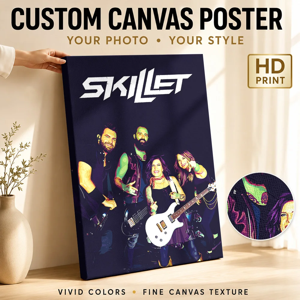 Skillet Band Portrait Canvas Print Personalized Photo Geometric Color Blocking Wall Art For Rehearsal Room, Music Lover Gift