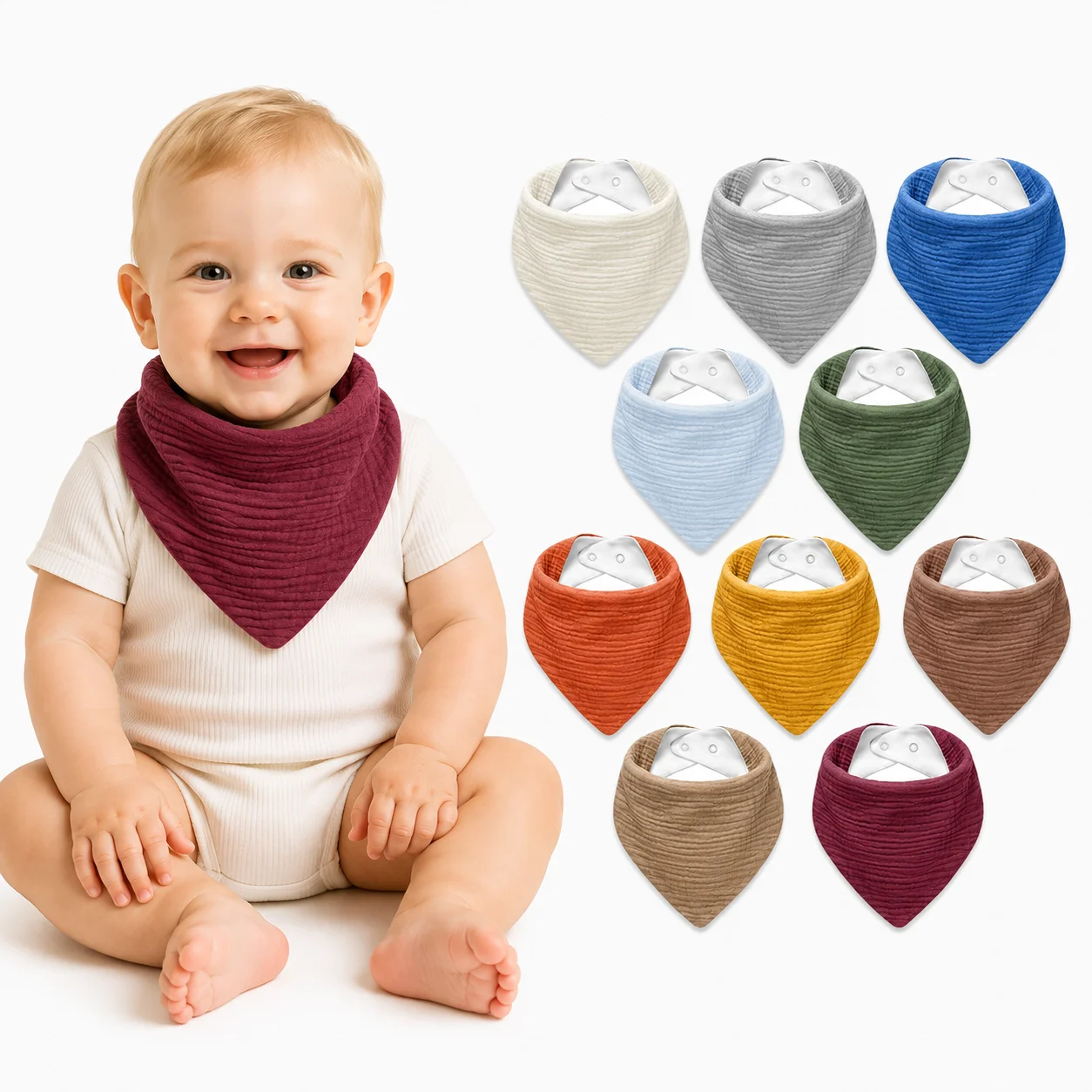 Baby Muslin Bibs, 10 Pcs Drool Bandana Bibs for Baby Boy and Girl, Drooling and Teething, Soft and Absorbent Cotton for Newborn