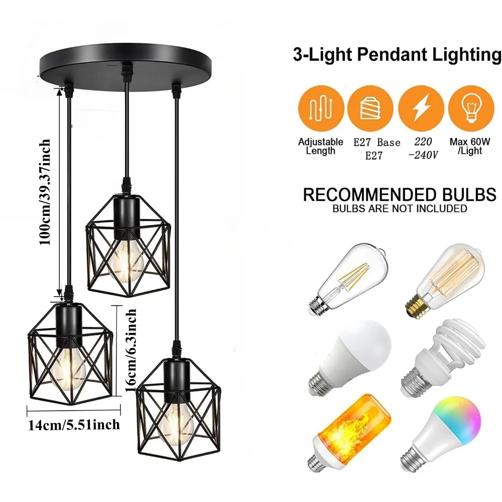 JOYINLED Vintage 3-Licht Pendelleuchte Industrielle Deckenbeleuchtung E27 Schwarze Hängelampe für Esszimmer Flur E27 – Detail 3