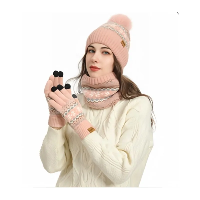 

Touch Screen Winter Gloves Weather Hat Set Winter Beanie Scarf Gloves Set with Plush Ball Decor Unisex Knitted Warm Cap Gloves