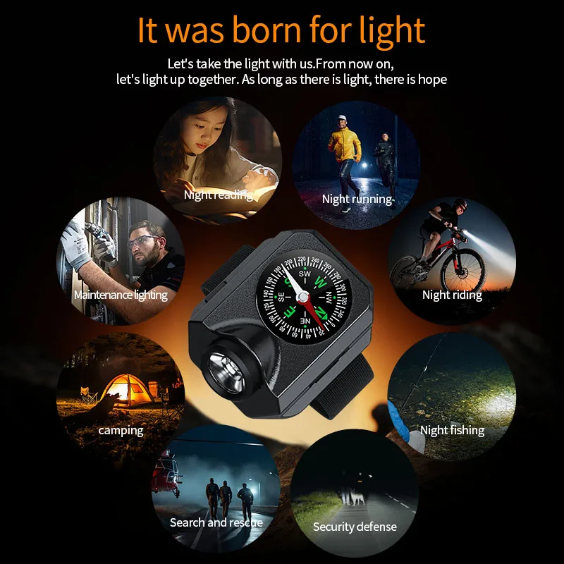 Wrist LED Light Wristwatch Flashlight with Compasses Rechargeable Outdoor Bracelet Flashlight Tactically Torch Camping Running