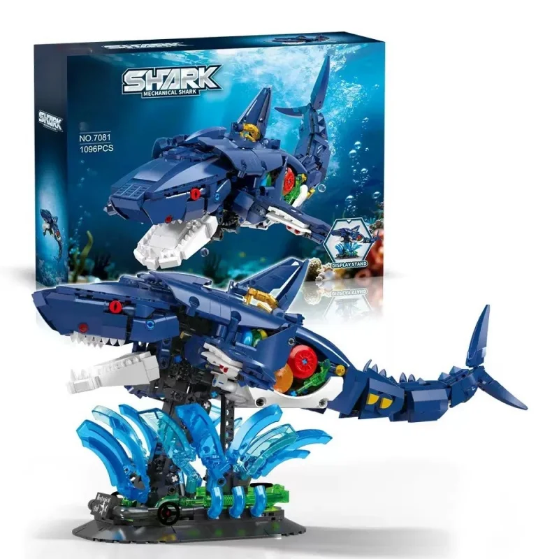 

1096 деталей, Конструктор «Морские животные»: Набор строительных блоков «Акула» с вращающимися соединительными элементами, STEM-игрушка для детей и взрослых