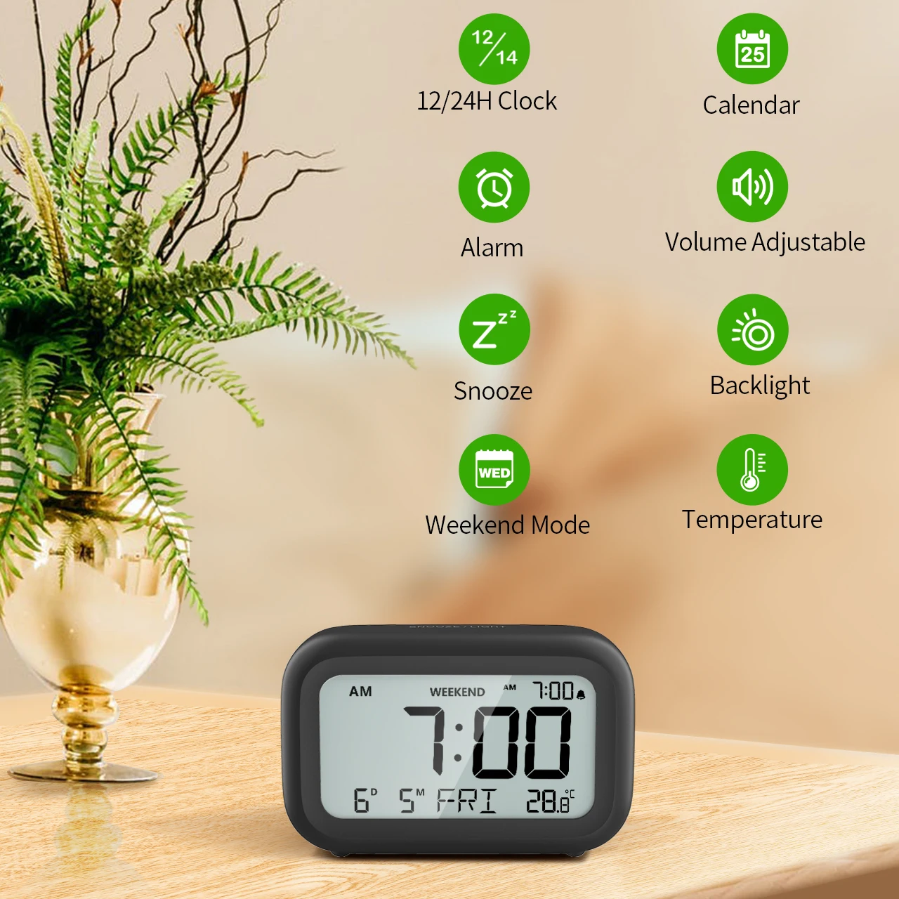 Multi Functional Digital Alarm Clock with Backlight Large Screen Temperature/Calendar Display Weekend Mode Bedroom Bedside Clock