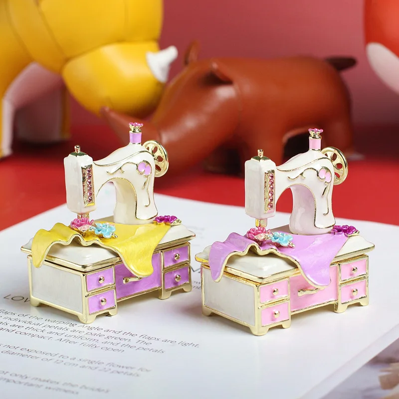Vintage Enamel Sewing Machine Trinket Box, Retro Jewelry Storage Keepsake for Rings, Handmade Craft Gift-Sewing Lover Home Decor