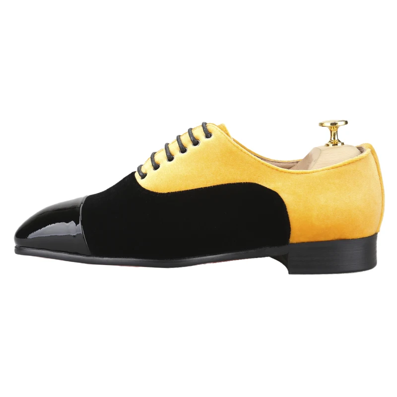 Piergitar Dandy Style Gold And Black Contrasting Velvet Lace-Up Oxfords For Unique Dress Matching Handmade Men's Formal Shoes
