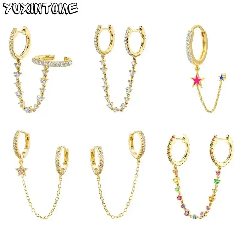 

925 Silver Needle Colorful Crystal Double Chain Pendant Hoop Earrings For Women exquisite Long Tassel gold Earrings Jewelry Gift