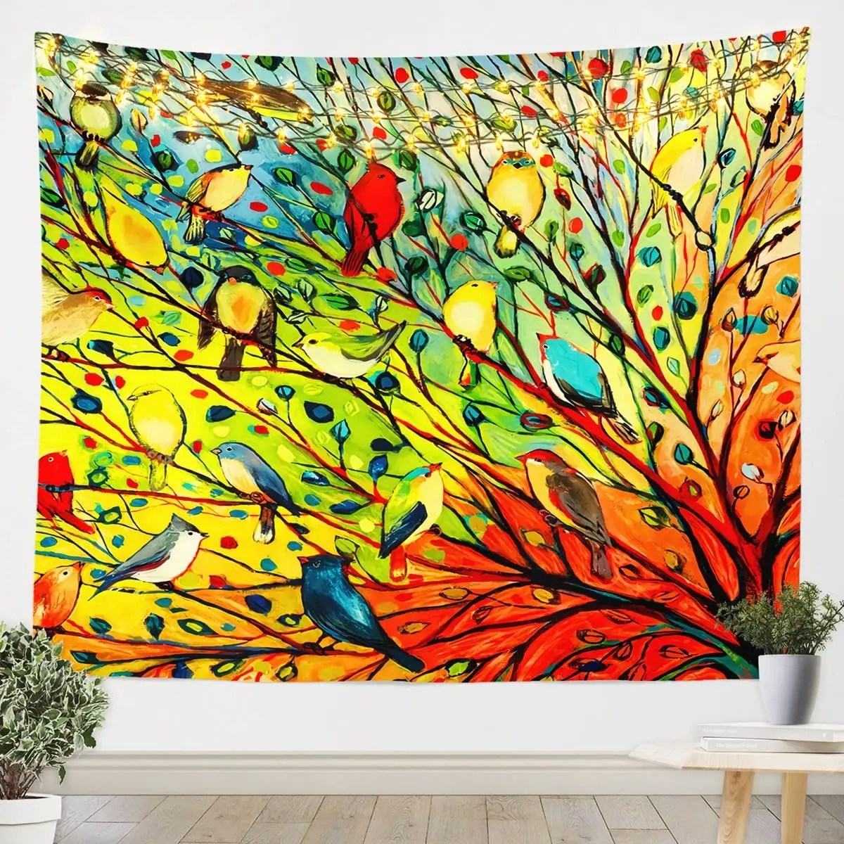 

Tree and Bird Tapestry Abstract Spring Season Flowers and Birds Tapestry Animal Illustration Tapestries for Bedroom Home Decor