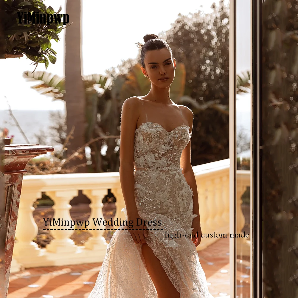 Abiti da sposa champagne Sweetheart Lace Robe De Mariée Fiori con paillettes Sirena Abiti da sposa senza maniche per le donne Personalizzati