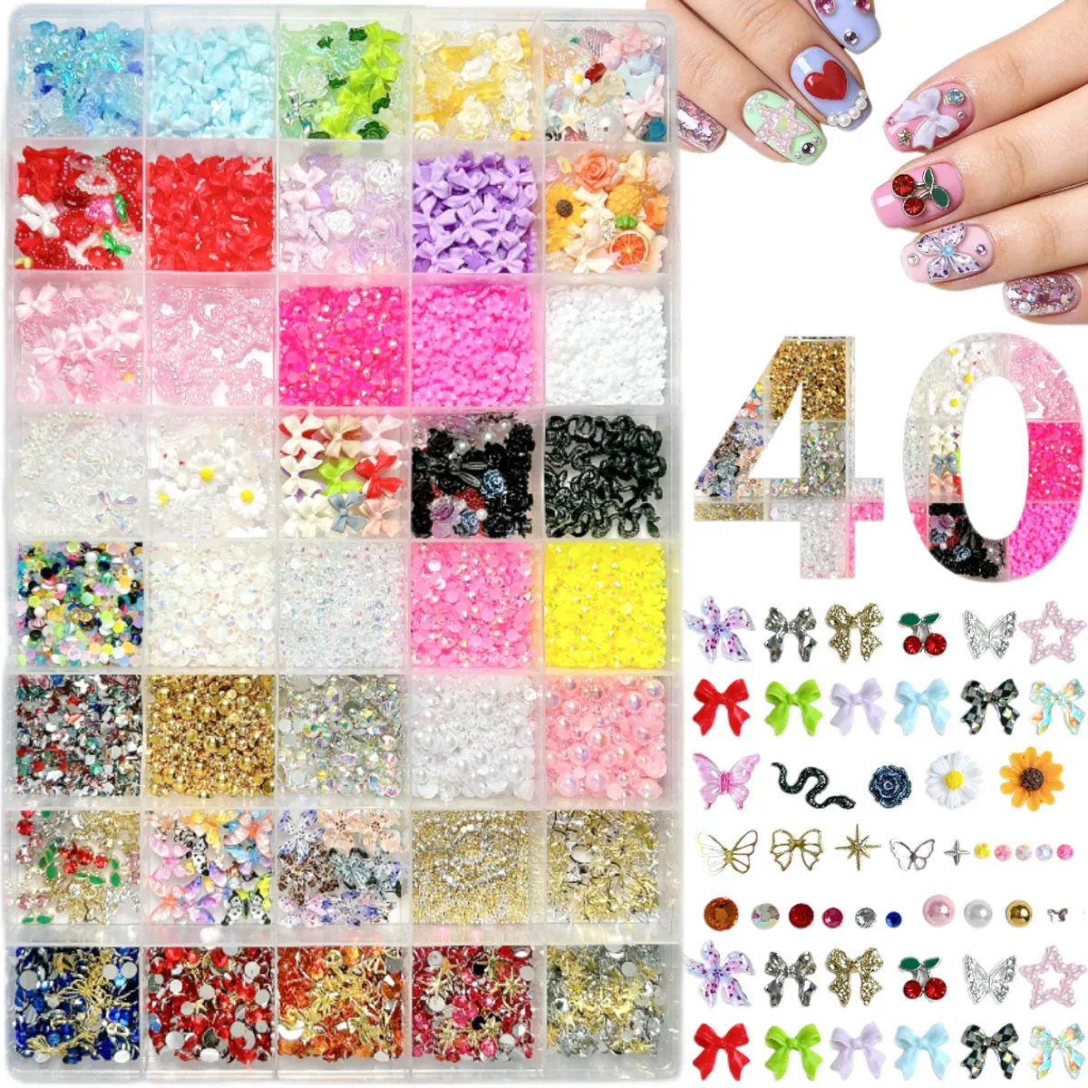 1Box Sweet Bow Flower Simulated Cherry Resin Nail Charms Mini Semi-circle Rhinestone Alloy Steel Bead Mixed Nail Decoration DIY