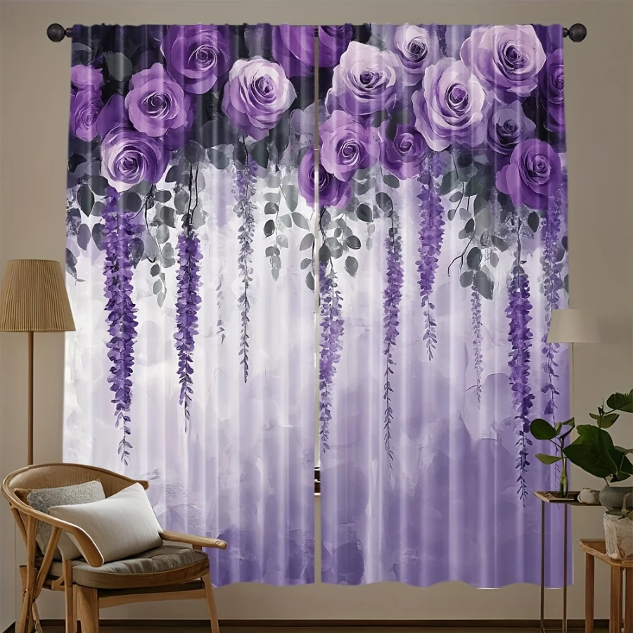 2PCS Digital Printed Curtains, Purple Rose Wisteria Hanging Vine Pattern, Romantic Elegant French Style Living Room Decor