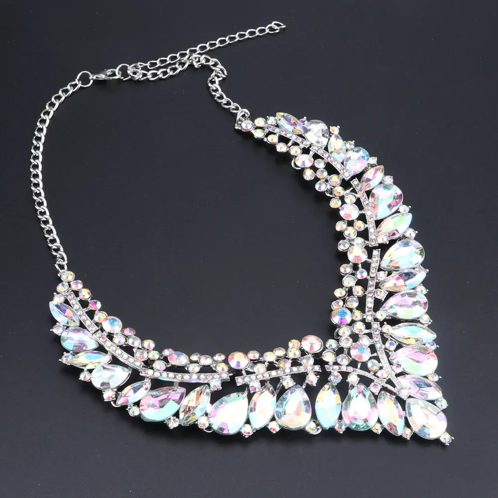 Luxury Wedding Jewelry Sets AB Color Crystal Necklace Earrings set Gifts for Women Dating Party Dresses Silver Color Accessories