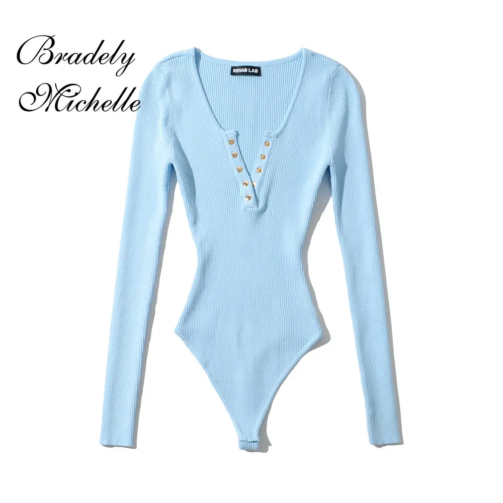 Women's Sexy Clothing V-collar Buckle Retro Square Collar Jumpsuit Pullover Long Sleeve High-strecth Bodysuit Knitted Top