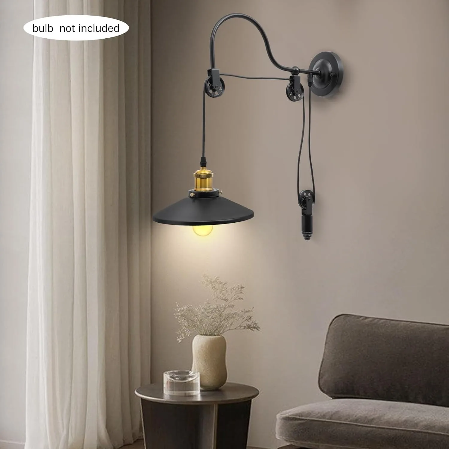 مصباح جداري معقوفة، سلسلة/حبل قابل للتعديل، مصباح جداري صناعي عتيق، بكرة معقوفة، تركيبات جدارية معدنية لـ D #6