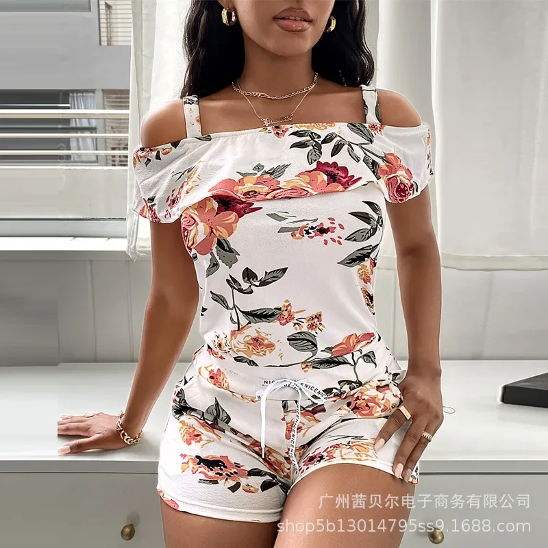 Women Summer Floral High Waist Flattering Camisole Shorts Suit Short Sleeve Strap Tanks Top High Waist Shorts Pants