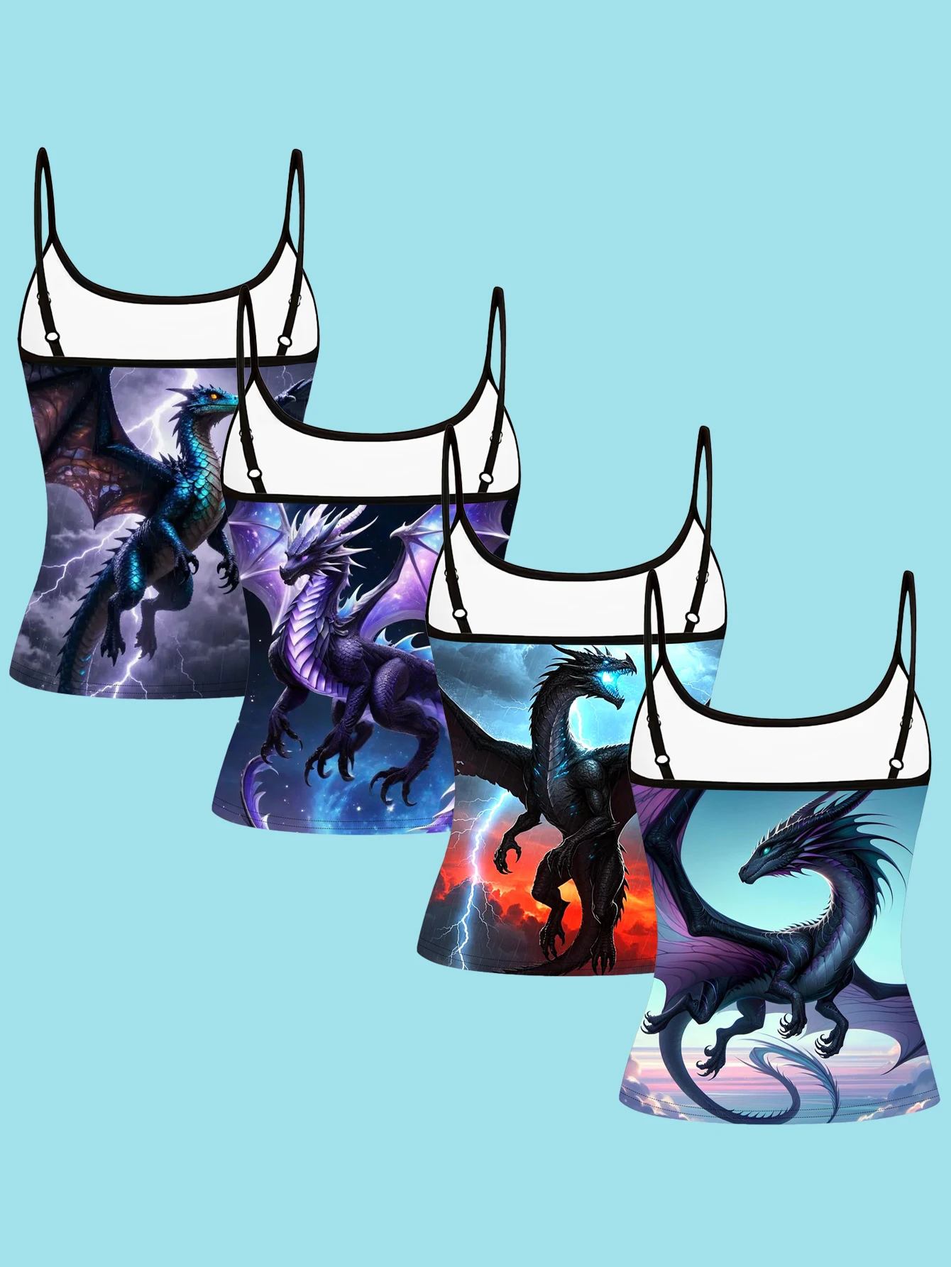 4-Piece Set of Dark Fantasy Dragon-Themed Camisole Set with Magical Purple Dragon and Ice Dragon Patterns, Slim-Fit Women's Inner Tank Top