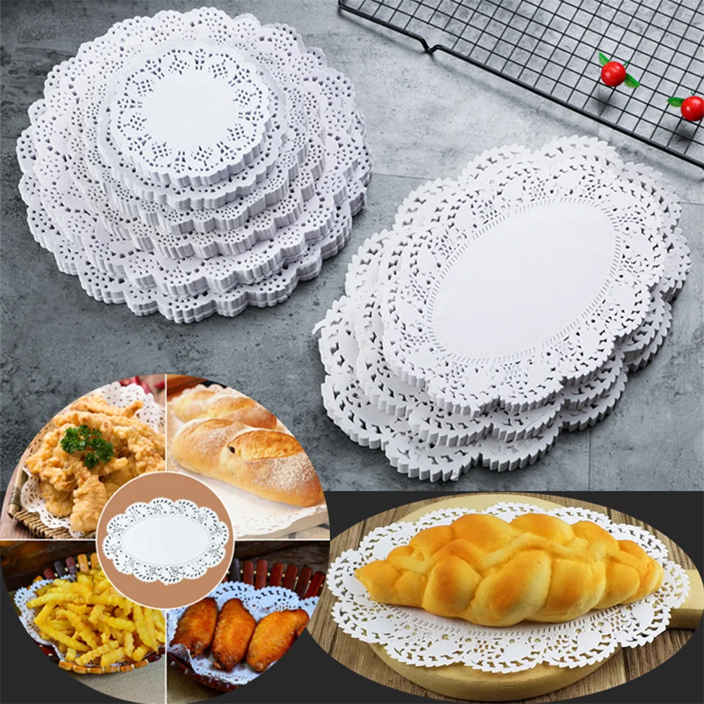 140pc Round Flower Bottom Paper Placemat Fried Food Mat Dinner Plate Oil Absorbing Paper White Lace Dessert Napkin Baking Parts