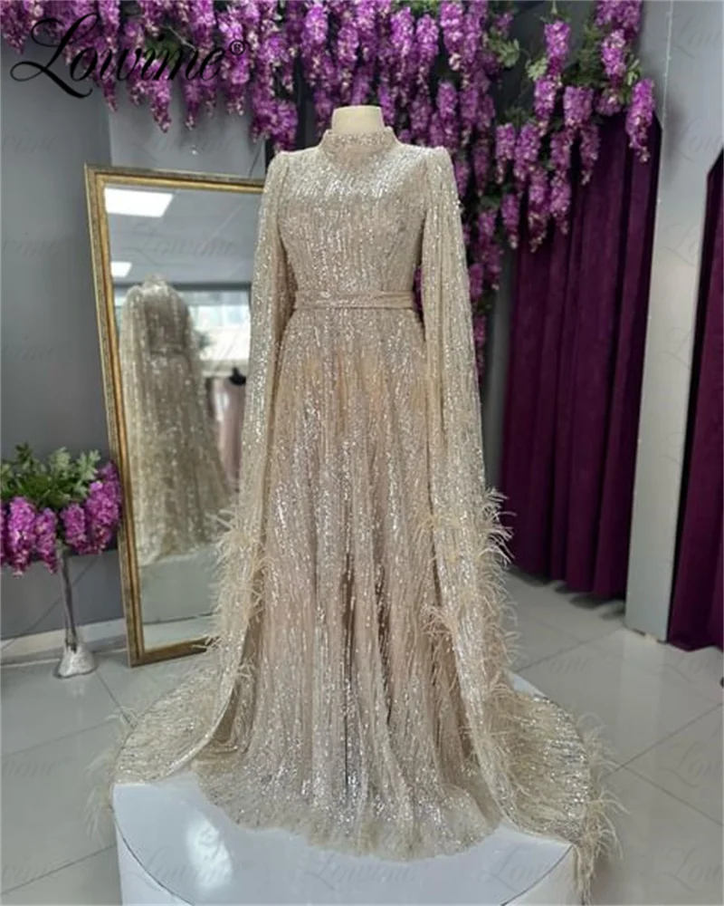 Glitter Sequined Beaded Muslim Arabic Evening Dresses Cape Sleeve Champagne Feathers Party Dress Middle East Dubai Prom Gowns