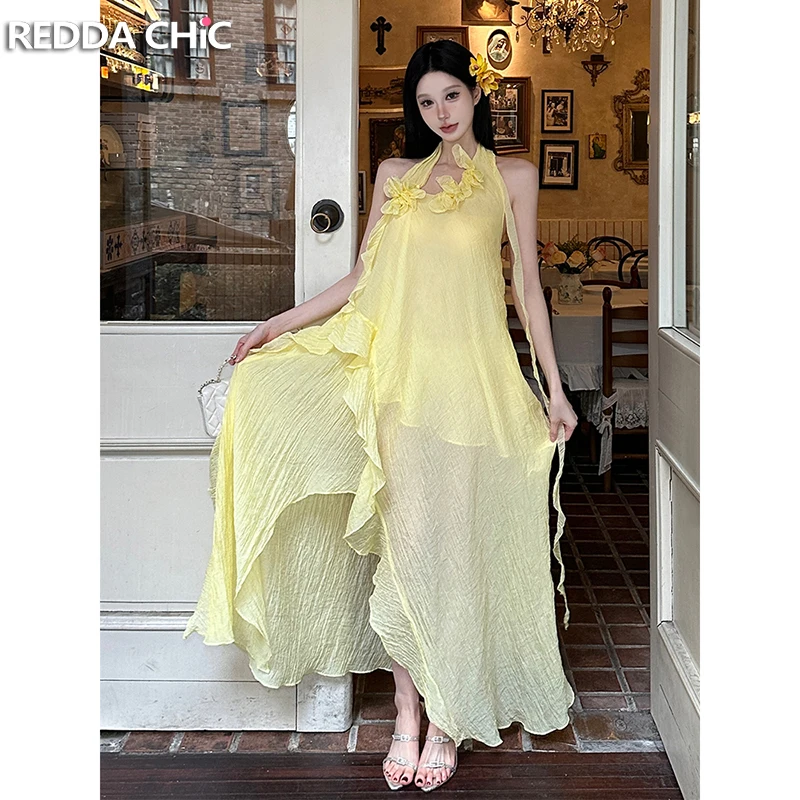 

ReddaChic Holiday Flowy Long Dress Yellow Chiffon Irregular Ruffle Flower Halter Maxi Long Dress Fairycore Summer Women Clothes