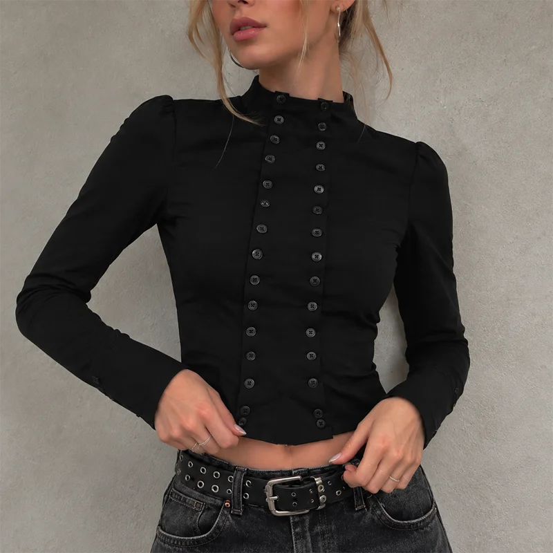 2026 New Women Long Sleeve Crop Top Crew Neck Button Front Slim Fit Shirt Y2K Vintage Fashion Casual Streetwear Autumn Clothing