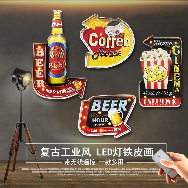 American Retro Remote Control LED Light Wrought Iron Wall Decoration Beer Popcorn Art Sign Painting Plaque Bar Cafe Home Decorat