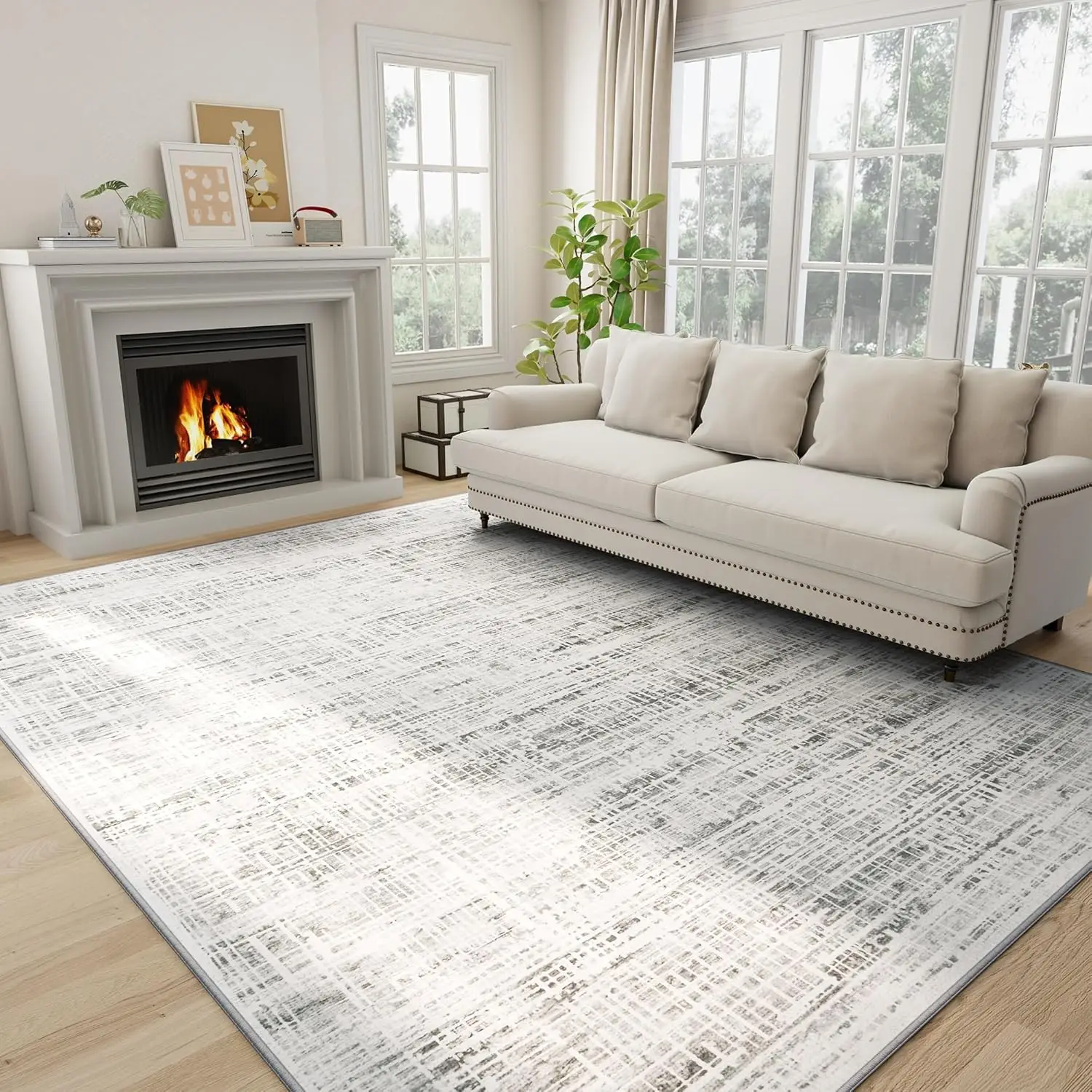

8x10 Washable Area Rug: Anti-Skid Abstract Modern Soft Thin Indoor Carpet for Living Room Bedroom Office (White Gray)