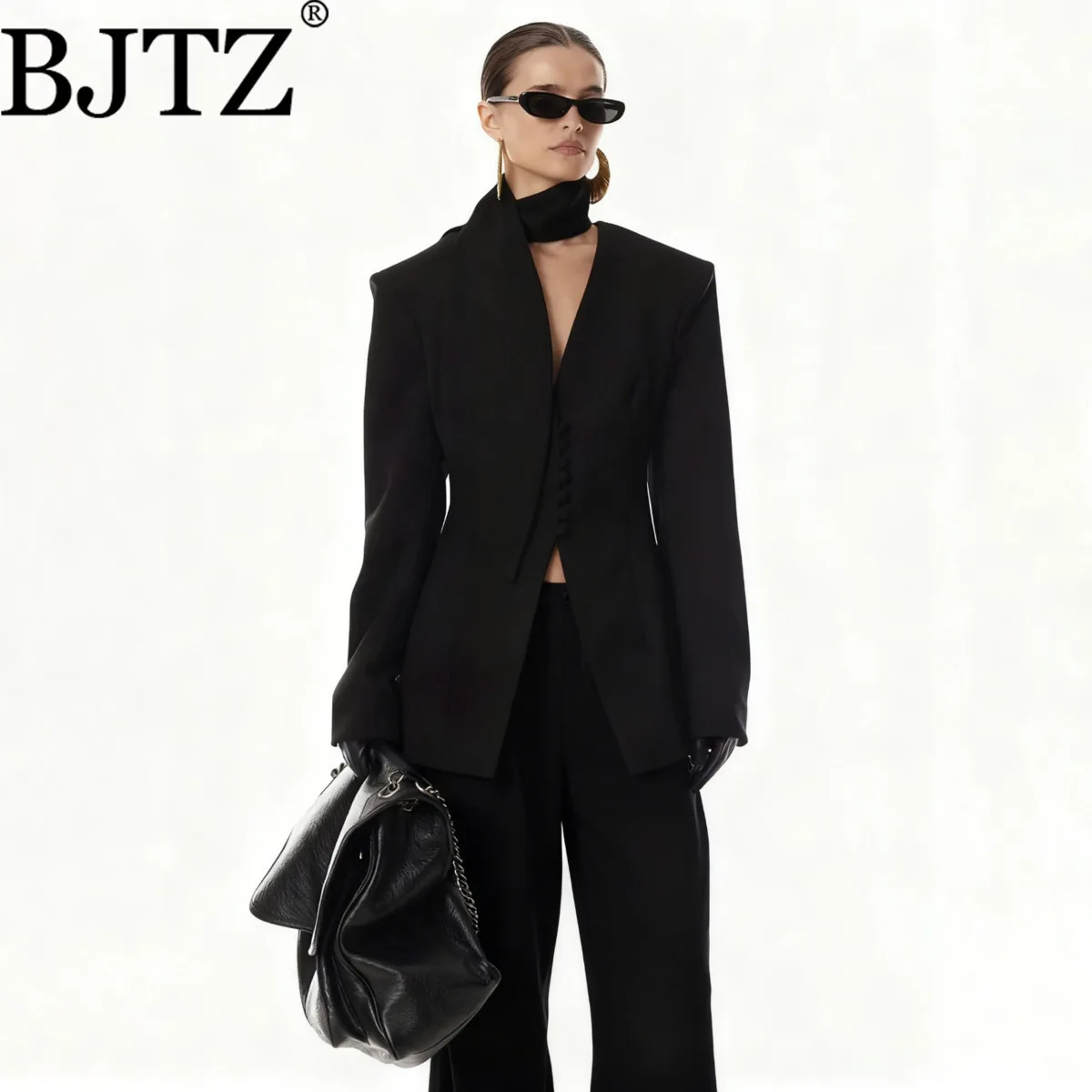 BJTZ Women's Single Pants piece Blazer Shawl Collar V-Neck set Single Breasted Wide  With Pockets Elegant Premium  Casual