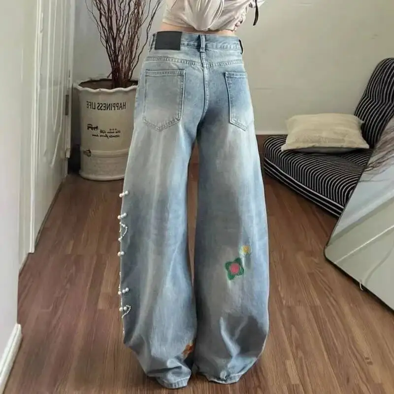 ANJY Spring Autumn New Women Three-dimensional Embroidered Pearl Floral Pattern Design Loose Casual Trendy Wide Leg Jeans A22272
