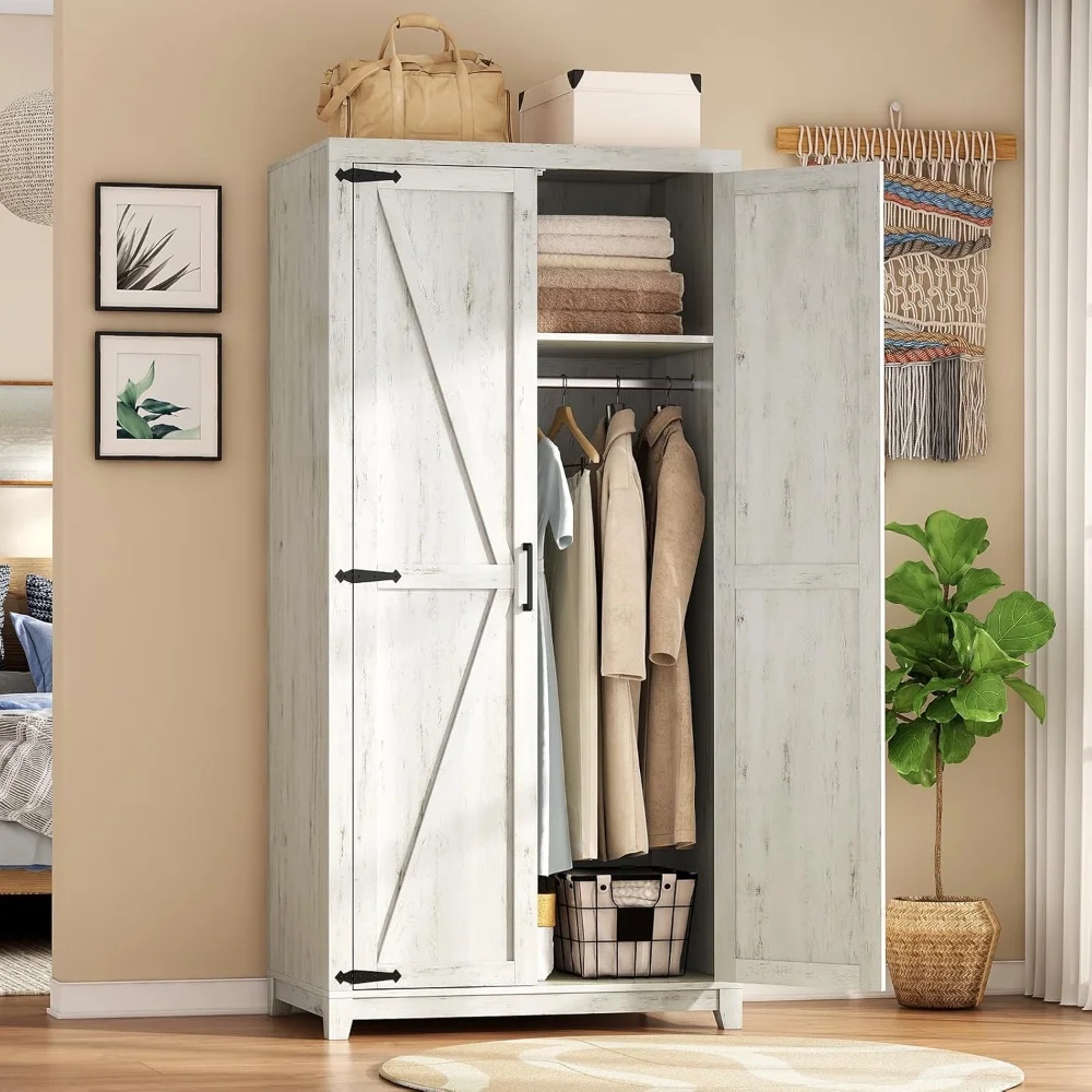 

70" Large Armoire Wardrobe Closet with Hanging Rod, Farmhouse Clothing Storage Cabinet with 2 Barn Doors, Wooden Tall Bedroom