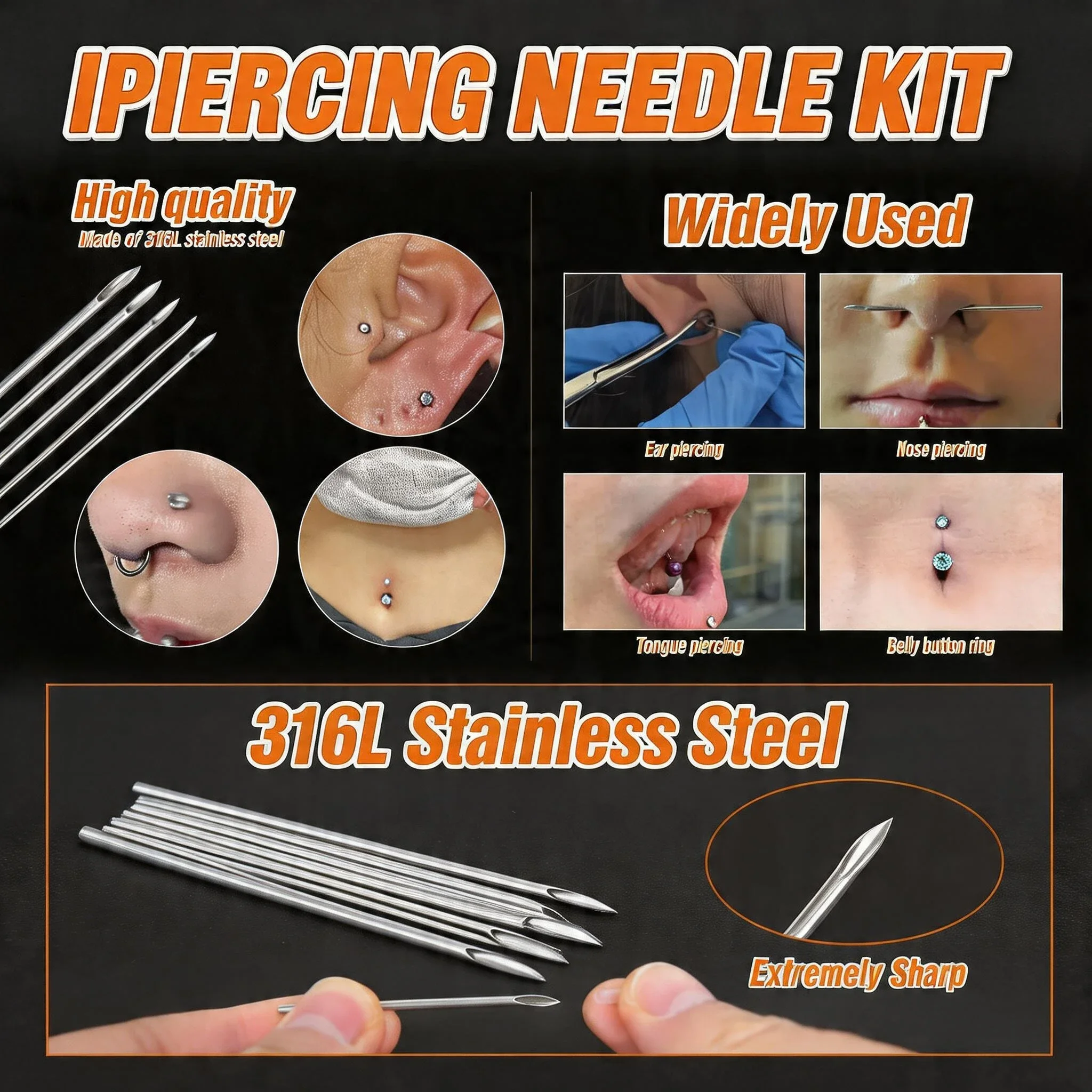 

100/50/20/5pcs Body Piercing Needle Sterile Disposable Ear Nose Navel Nipple Lip Piercing Needles Medical Tattoo Needle Supply