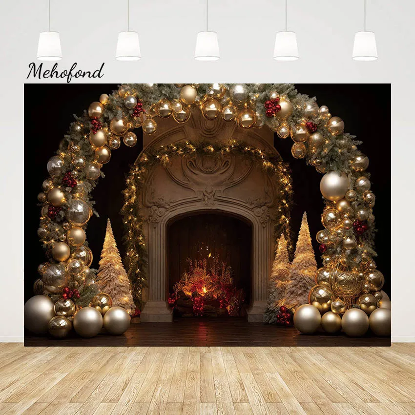 

Mehofond Merry Christmas Photography Background Xmas Tree Vintage Fireplace Baby Portrait Gold Arch Door Backdrop Photo Studio