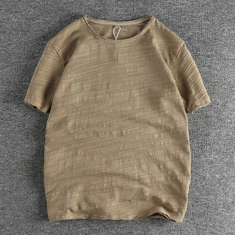 2025 Summer New American Retro Short Sleeve O-neck Solid Color T-shirt Men's Fashion Simple 100% Slub Cotton Washed Casual Tops