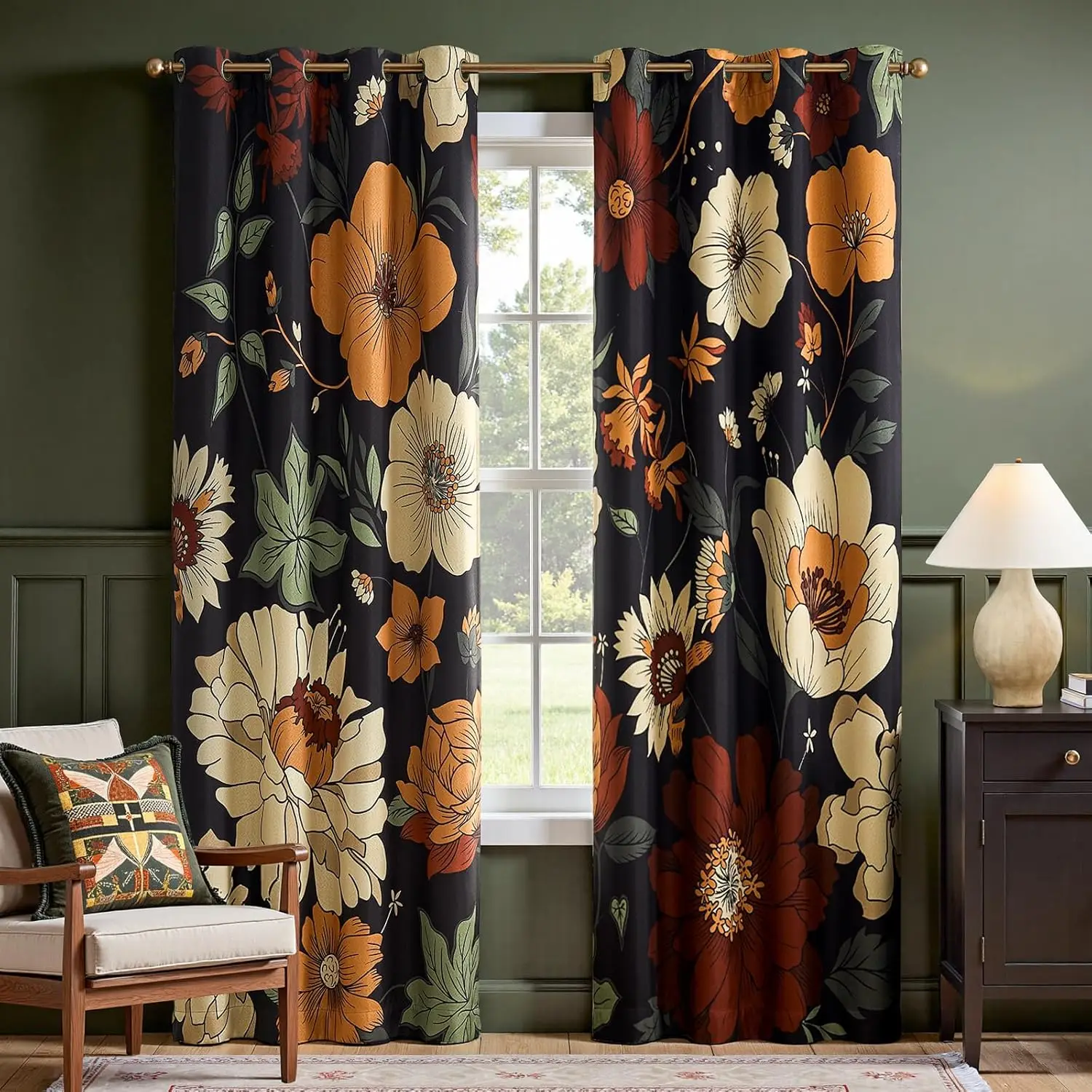 Black 2-Panel 84-Inch Grommet-Top Lora Floral Boho Blackout Curtains, Vintage Botanical Print, Room-Darkening Drapes for Bedrooms & Living Rooms