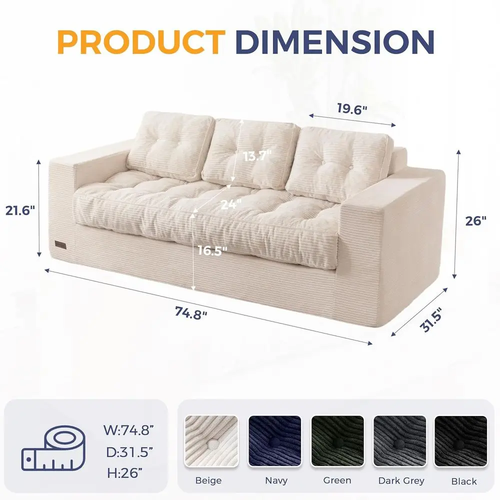 3-Seater BonelSoa Couch, Tuted Corded Soa Lounge or Living Room, Comy Bean Bag Chair High-Density oam Couch with Pillows, No Ass