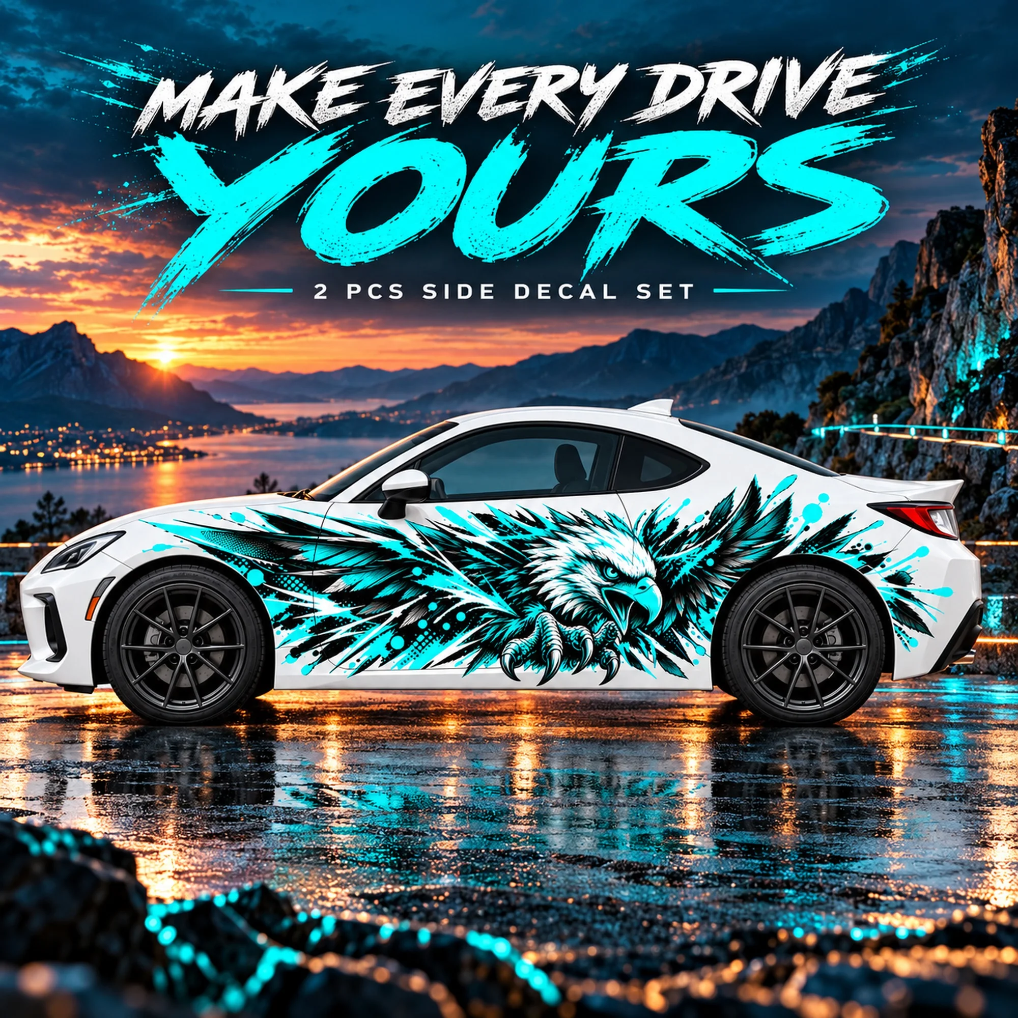 2 PCS Turquoise Pulse Eagle Car Side Decals, Die-Cut Vinyl Sticker Set