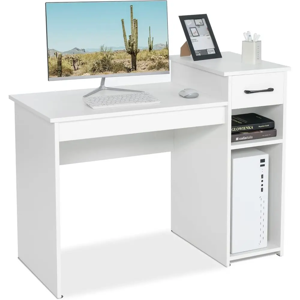 40 Inch Laptop PC Gaming Desk with Monitor Stand & Storage Shelf, White