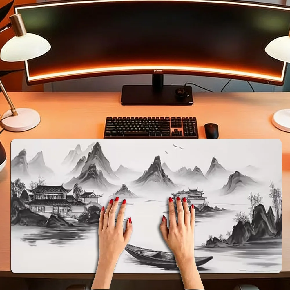 Anti-slip bottom backing, with a design featuring black and white ink-wash landscape paintings alfombrillas para escritorio