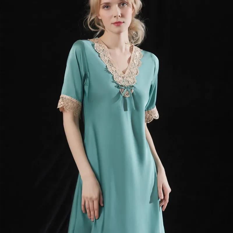 Silk Nightdress Women's Sexy Lingerie Satin Sleepwear Lace V-neck Nightwear Short Sleeve Nightgown 2023 Summer Home Clothes