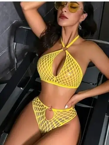 المرأة مثير شبه شفافة الرسن البرازيلي سراويل مجموعة الدانتيل متابعة بيكيني شبكة صيد السمك الجوف خارج معلقة الرقبة أكمام بيكيني أنيقة 1C46