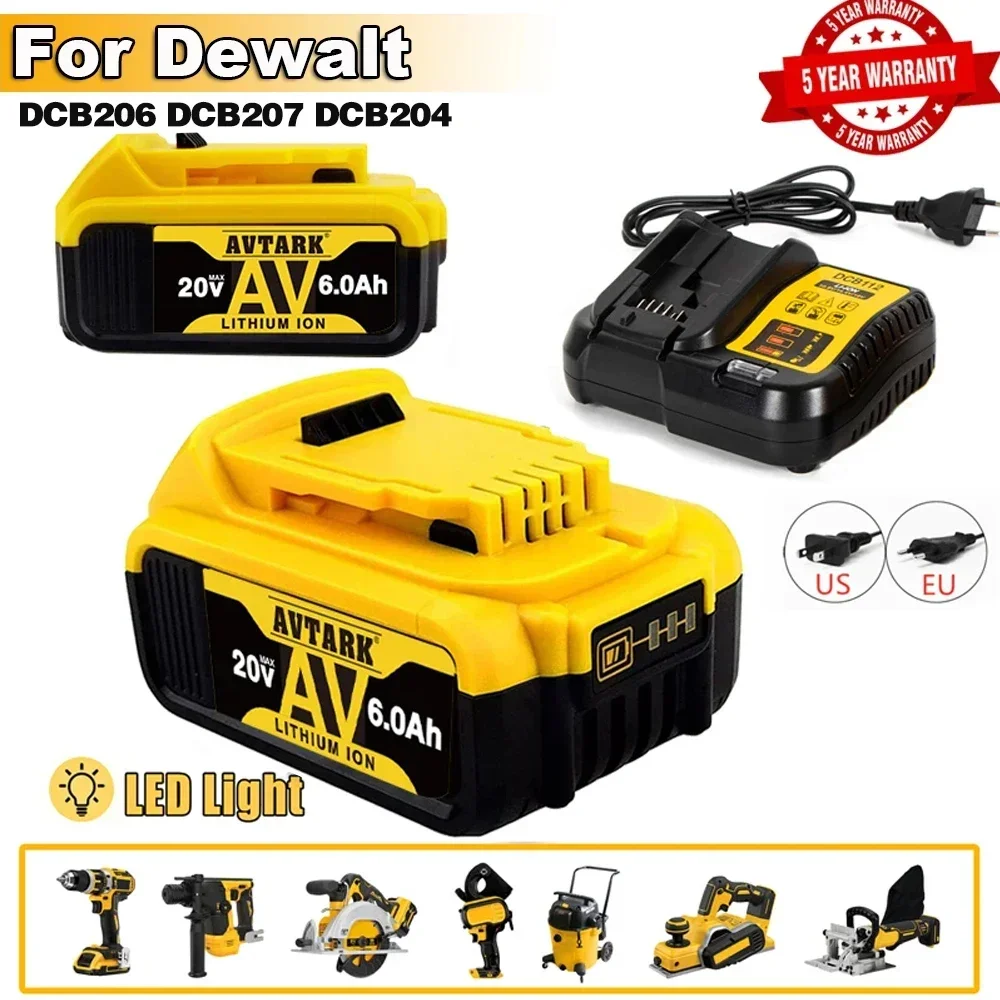 

20V 8000mAh DCB206 Lithium Battery Replacement for DeWalt 18v 20Volt Max Lithium Ion Battery DCB206 DCB205 DCB204 Power Tools