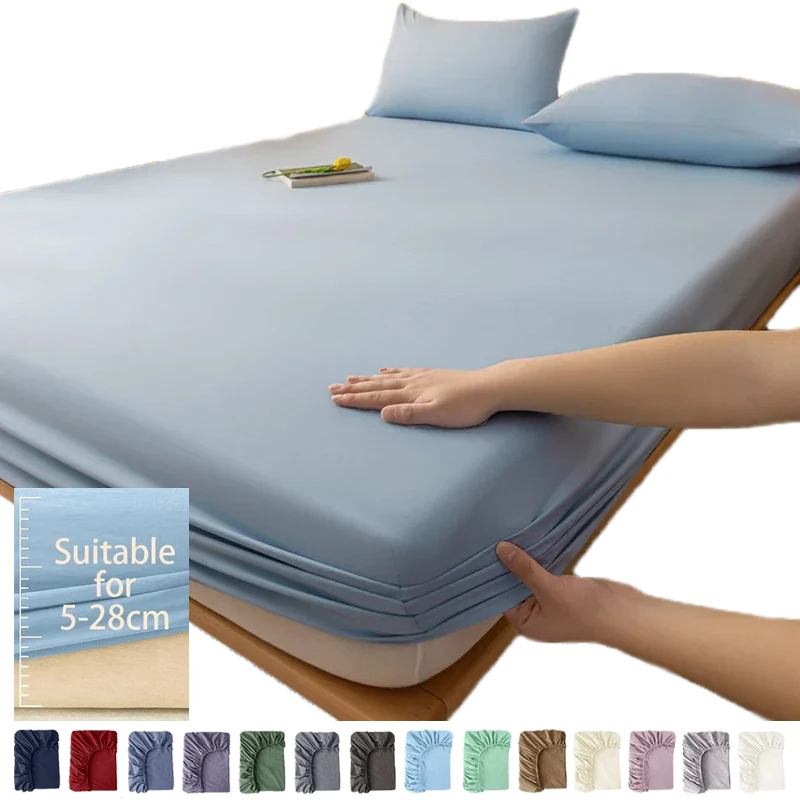 

1PC Cotton Fitted Sheet Dustproof Solid Color Fit Sheet With Elastic Band Bed Sheet for Single Double Queen Size Mattress Cover
