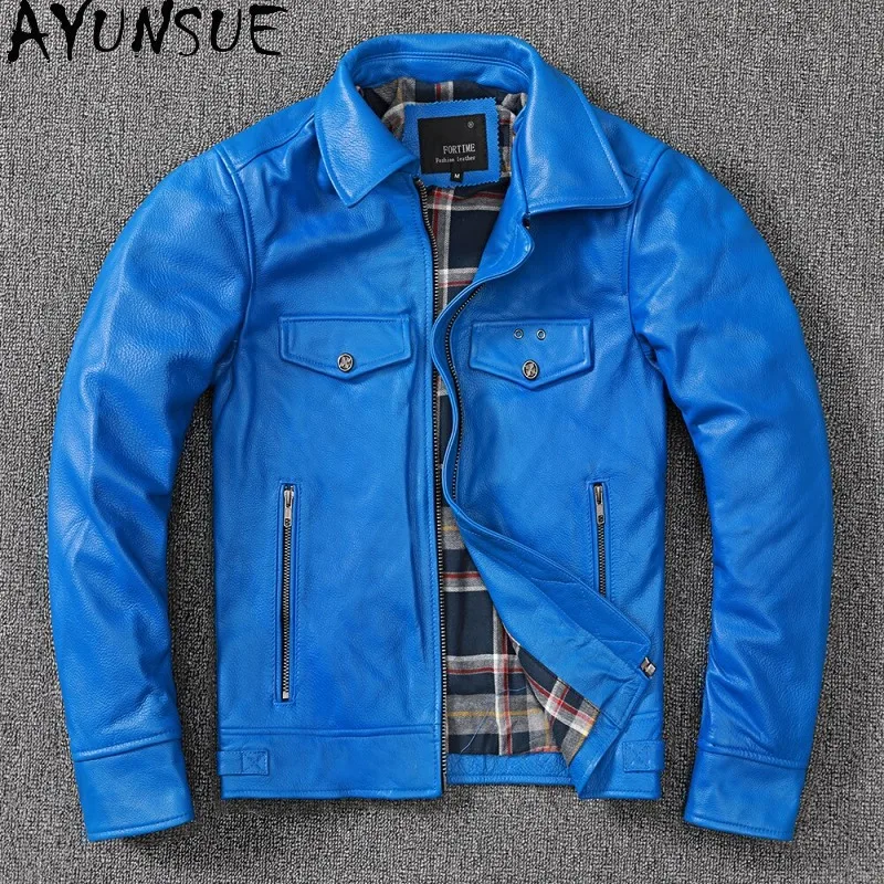 AYUNSUE Real Cowhide Men Leather Jacket 2026 High Quality 100% Genuine Cow Leather Coat Motorcycle Outerwear Slim-fit Blue Coats