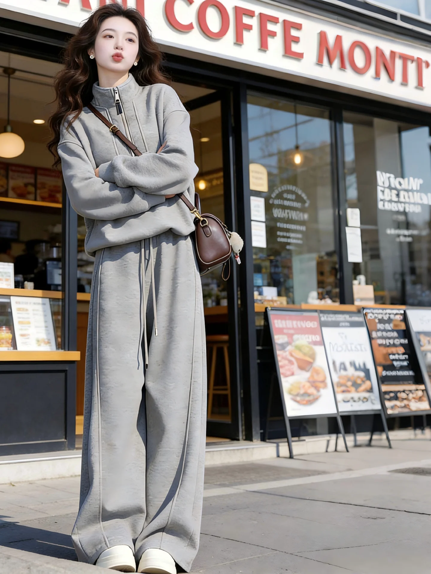 

Grey Lazy Style Casual Wear Women's Stand Collar Top And Pants Set Spring Autumn New Arrival Comfortable Fashion Outfit