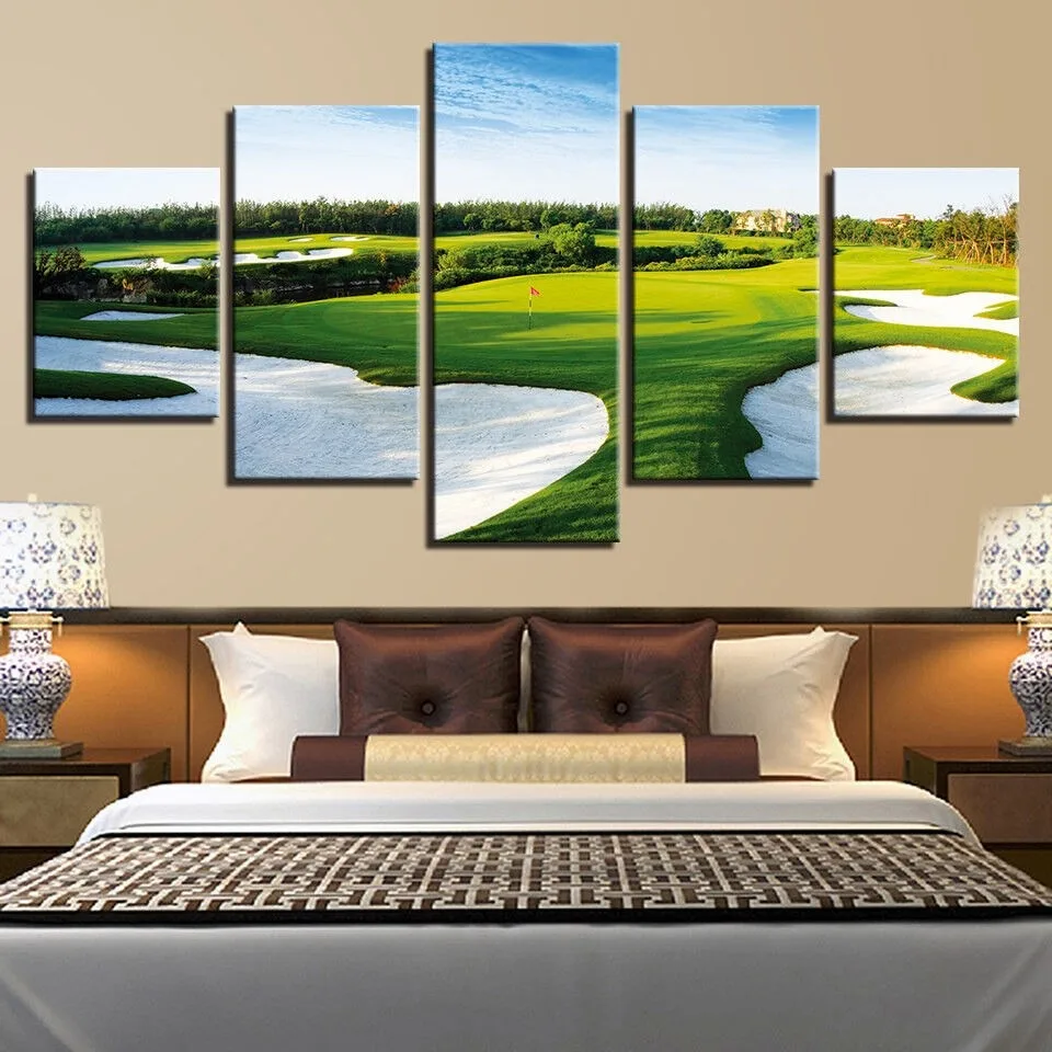 No Frame Canvas 5Pieces Golf Course Green Lawn Landscape Wall Art Poster Pictures Paintings Home Decorations Room Decor