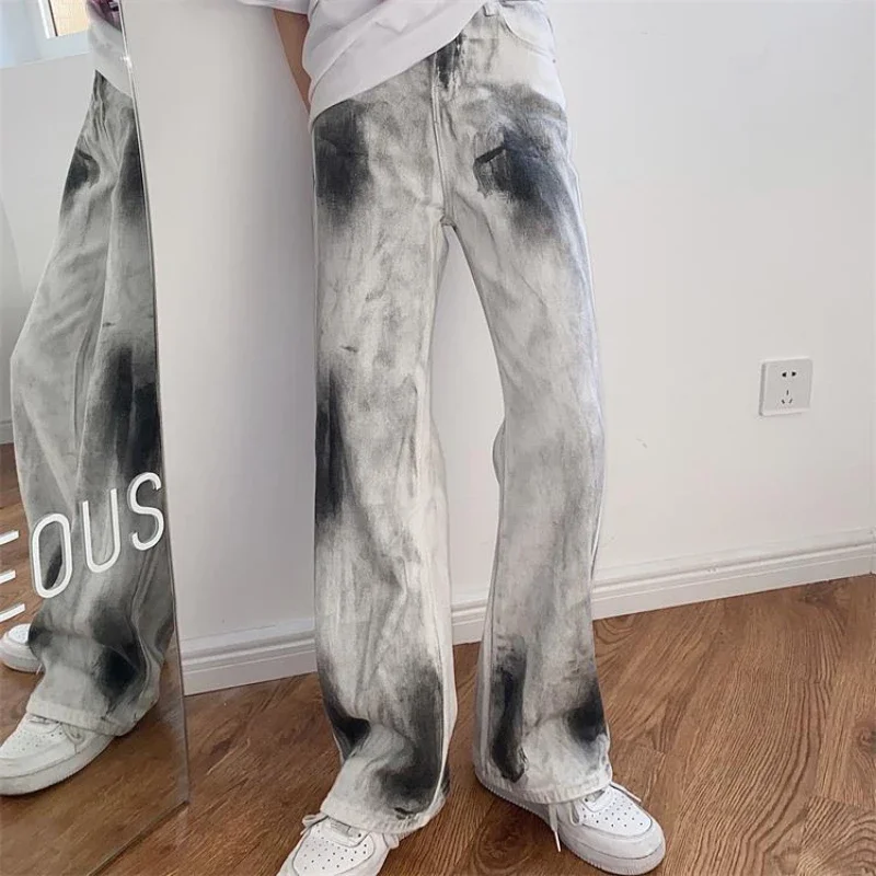 

Trousers Straight Leg Jeans for Women Tie Dye White Autumn Denim Pants Woman Top Selling 2024 Korean Style Medium Wash Original