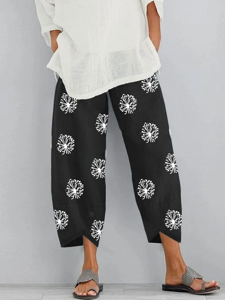 

Summer's new baggy casual vintage beach pants plus size dandelion print elastic waist pocket pants